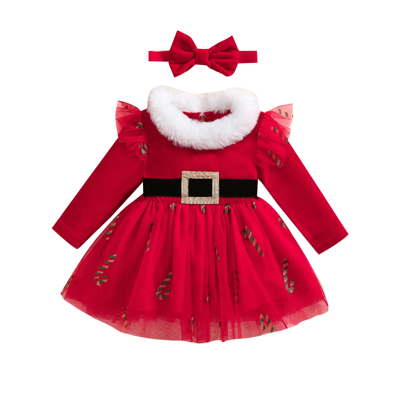 Baby Girl 2Pcs Christmas Outfits Long Sleeve Tulle Dress + Headband Set Infant Clothes