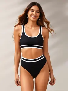 New sexy high-waisted triangle bikini with contrasting color borders, European and American style, retro design for small busts, with chest pads, slimming women's swimsuit
