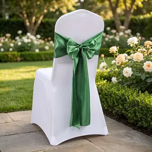 Satin Dining Chair Slipcover with Bow, Ribbon Tie and Streamer for Wedding Banquets, Hotel Back Decorations