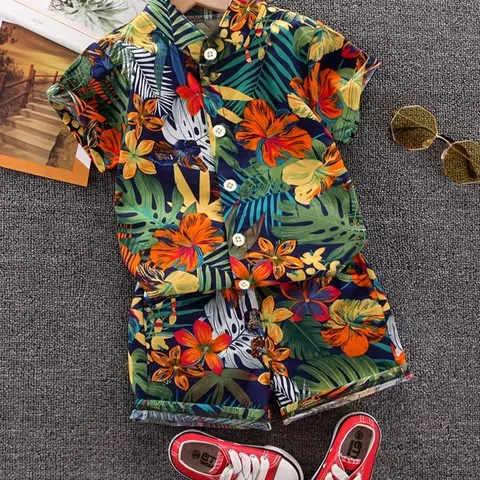 Two-piece Set Boy's All Over Print Button Front Shirt & Shorts without Shoes, Casual Short Sleeve Collared Top & Shorts for Summer, Kids Clothes for Daily Wear, Matching Set