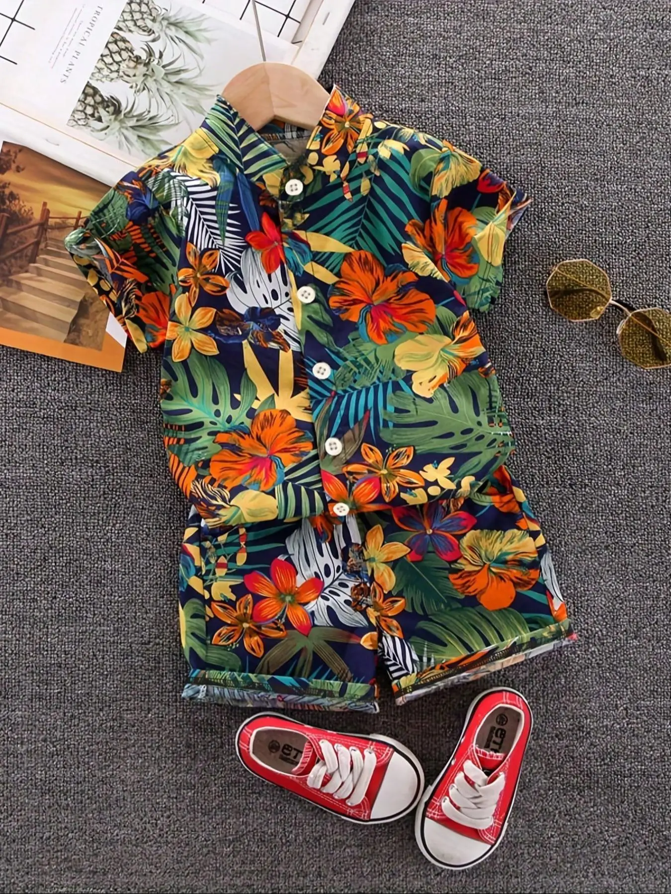 Two-piece Set Boy's All Over Print Button Front Shirt & Shorts without Shoes, Casual Short Sleeve Collared Top & Shorts for Summer, Kids Clothes for D