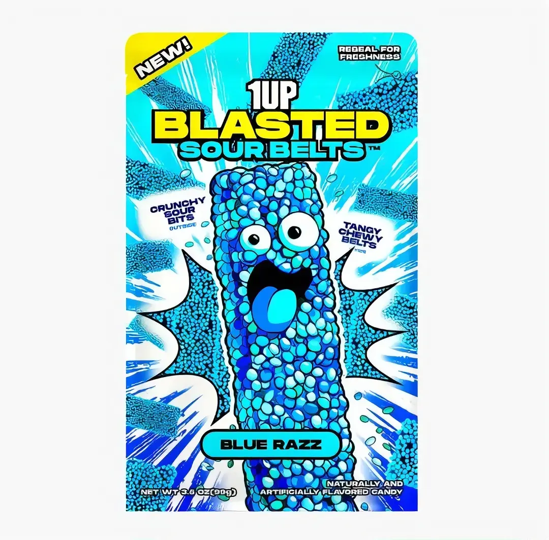 1UP Candy Blasted Sour Belts – Blue Razz | Crunchy-Coated Sour Candy Strips (3, 6 or 10 Pack)