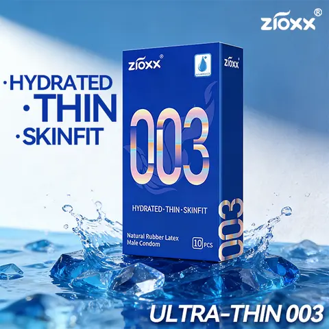 Zioxx 003 Ultra Thin Natural Rubber Latex Condoms for Men, Hyaluronic Acid Lubricated for Hydration, Skinfit, Secure, Low Odor, Easy to Clean, 10 Pcs