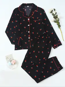 Women's Floral Print Cherry Short Sleeve Woven Pajama Set, Casual Comfy Button Front Chest Pocket Design Lapel Neck Top & Elastic Waist Trousers PJ Set, Ladies Sleepwear