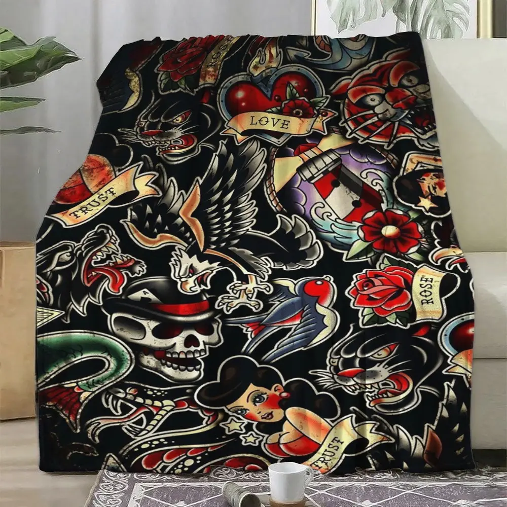 Vintage Tattoo Art Flannel Blanket Retro Ink Print Ultra Soft Plush Throw Blanket Cozy Lightweight Bedding Blanket for Sofa Couch Bed Bedroom Living Room Decor Unique Gift for Adults Birthday Present