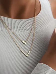 Women's Elegant V-shaped Hollow Triangle Pendant Necklace, Exquisite Trendy Layered Necklace, Chic Vintage Jewelry As Gift for Girlfriend