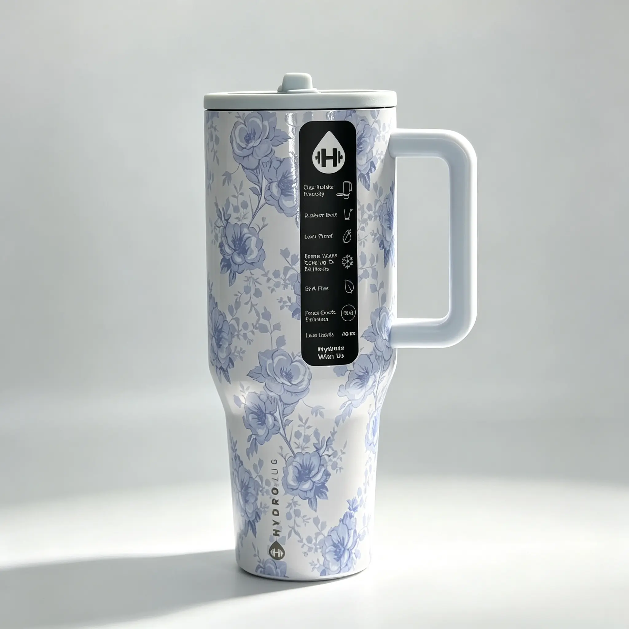 HydroJug 40oz  Dainty Blue Rose Print  Insulated Mug, BPA Free & Rubber Non-Slip Base, Large Capacity Less Refills, Aesthetic Floral Travel Cup Perfect Gift For Coquette & Cottagecore Lovers  Drinkware  Flasks Tumbler Bottled Water Bottles Portable