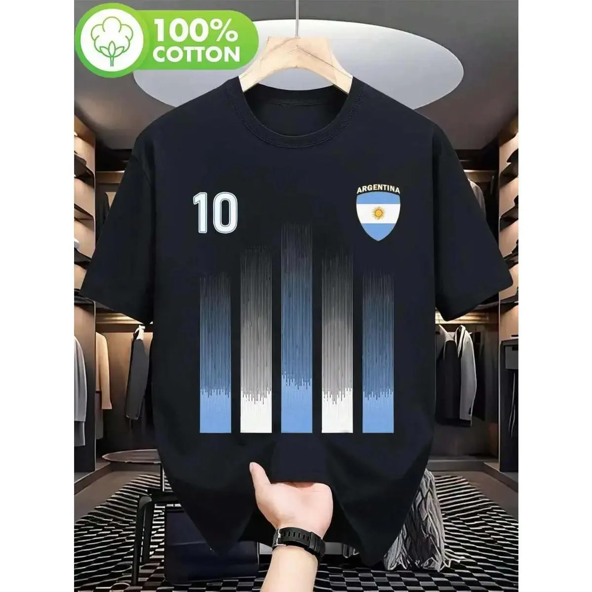 Argentine Men's Football T-shirt - Black Stripe and Number Design 10, Graffiti T-shirt with DELA Logo Argentine Flag, Telatranspirable and Lavable Fashion and Casual, Football Shirt