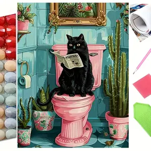 Funny Black Cat Reading Newspaper on Toilet 5D Full Drill Diamond Painting Kit Humorous Design with Shimmering Teal and Pink Accents Retro Bathroom Art Style DIY Wall Decor Ideal Gift For Cat Lover & Craft Enthusiasts