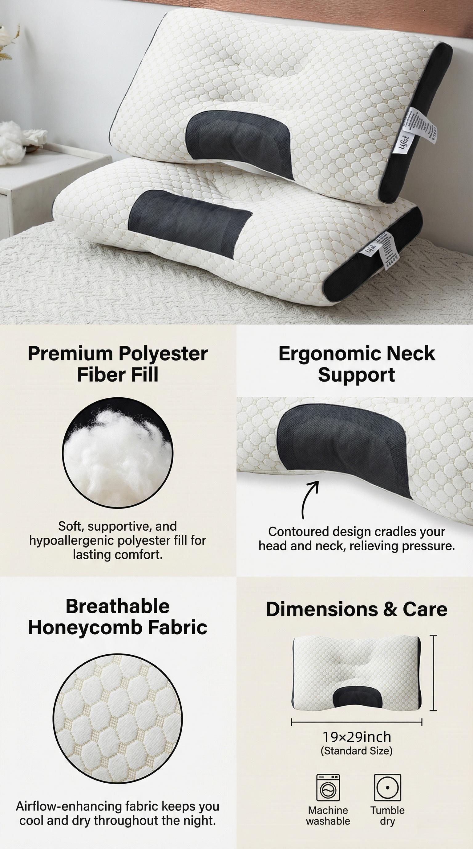 2-Pack Ergonomic Cervical Pillows - Cooling Mesh Neck Support Pillows for Pain Relief, Perfect for Back & Side Sleepers
