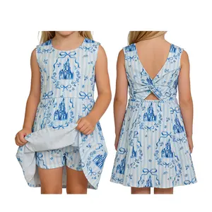 Sleeveless blue bow stripe printed sweetness athletic dress girls boutique dresses