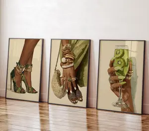 Green Luxury Wall Art Black Woman Fashion Afrocentric Queen Digital Print High Heels Jewelry Style Modern Urban Home Decor African American