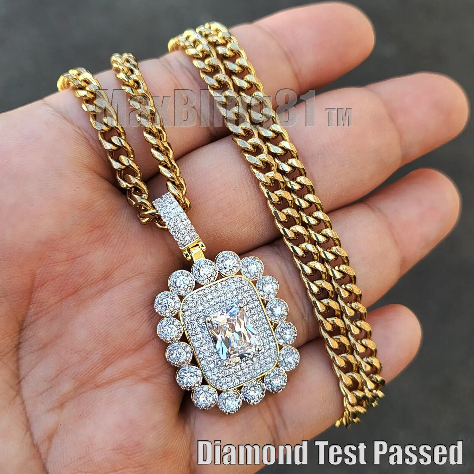MaxBling81 AAA+ Simulated Diamond Iced Gold-Plated Brass Pendant Necklace with 4mm 18"-24" Cuban Chain, Unisex Diamond-Encrusted Luxury Glitter Embellished Gold-Plated Medal Cuban Link Costume Jewelry, Diamond-Encrusted Luxury Necklaces, Glitter Diamond N