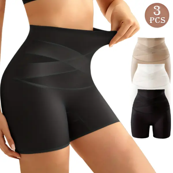 3-Piece Elegant High-Waisted Tummy Control Women's Boxer Briefs, Cross-belly design, Smooth, Soft and Breathable, Highly Elastic Silky and Comfortable Fit Shorts, Anti-Exposure Womenswear, Elegant and Confident Panties, Sizes S-XXL