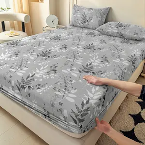 Premium Gray Tree Leaf Bed Sheet and Pillowcase Set 3pcs 2 Pillowcases 1 Fitted Sheet for Dorm Twin Full Queen King Double Beds Shrink Resistant Fade Resistant Soft Skin Friendly