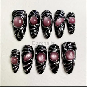 Blood Moon Gothic Cat Eye Press-On Nails – Black & Dark Red Fake Nails - DarkNailz