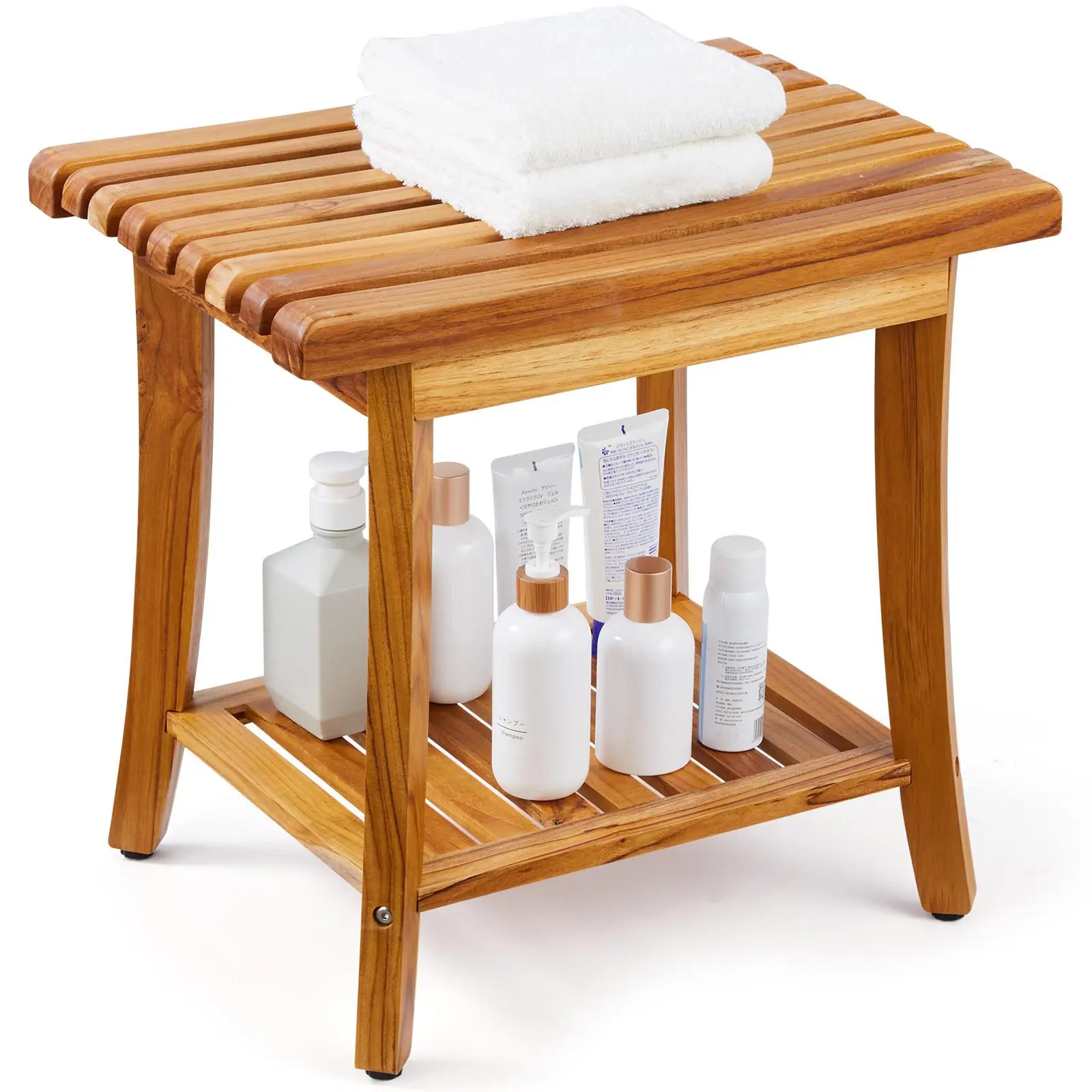 【Fallpicks】VEVOR Wooden Teak Wood Shower Bench, 20x14.3x17.9", Waterproof Storage Shelf Stool, Rubber Non-Slip Foot Pads, Stainless Steel Adjustable Parts, 400lbs Max Load, Easy Setup Installation Required, for Bathroom Use