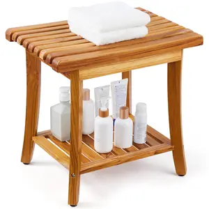 VEVOR Teak Shower Bench, 20 x 14.3 x 17.9 in, Waterproof Wood Shower Stool with Storage Shelf Non-Slip Foot Pads, 400 lbs Maximum Load Capacity Shower Chair Seat, for Bathroom Indoor and Outdoor Use