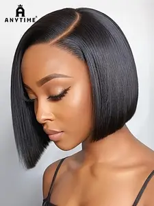 Anytime Wigs Women's Short Straight Bob Wig, HD Transparent Lace Front, Human Hair Pre-Plucked & Cut, 250% Density, No Glue Needed, Glueless Beginner Wig, Lace Frontal Wigs