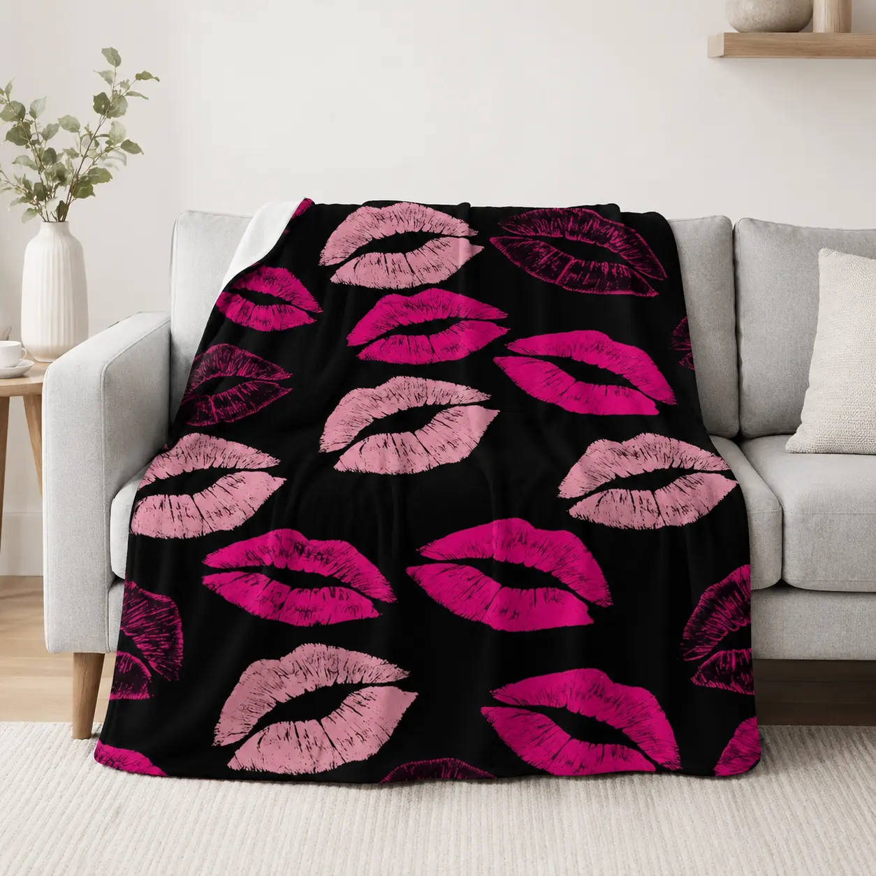 Pink Lips Print Flannel Throw Blanket, Super Soft Lightweight Kiss Pattern Fleece Blanket for Adults & Kids, Cozy Single-Sided Print Blanket with White Reverse, Warm All Season Home Decor Gift