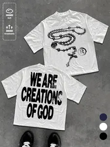Vintage Streetwear Casual Faith Based Graphic Short Tee Unisex Rosary Beads Cross T-shirt with "We Are Creations of God" Slogan, Trendy Christian Gift, Premium Loose Fit Worship & Outreach Apparel.
