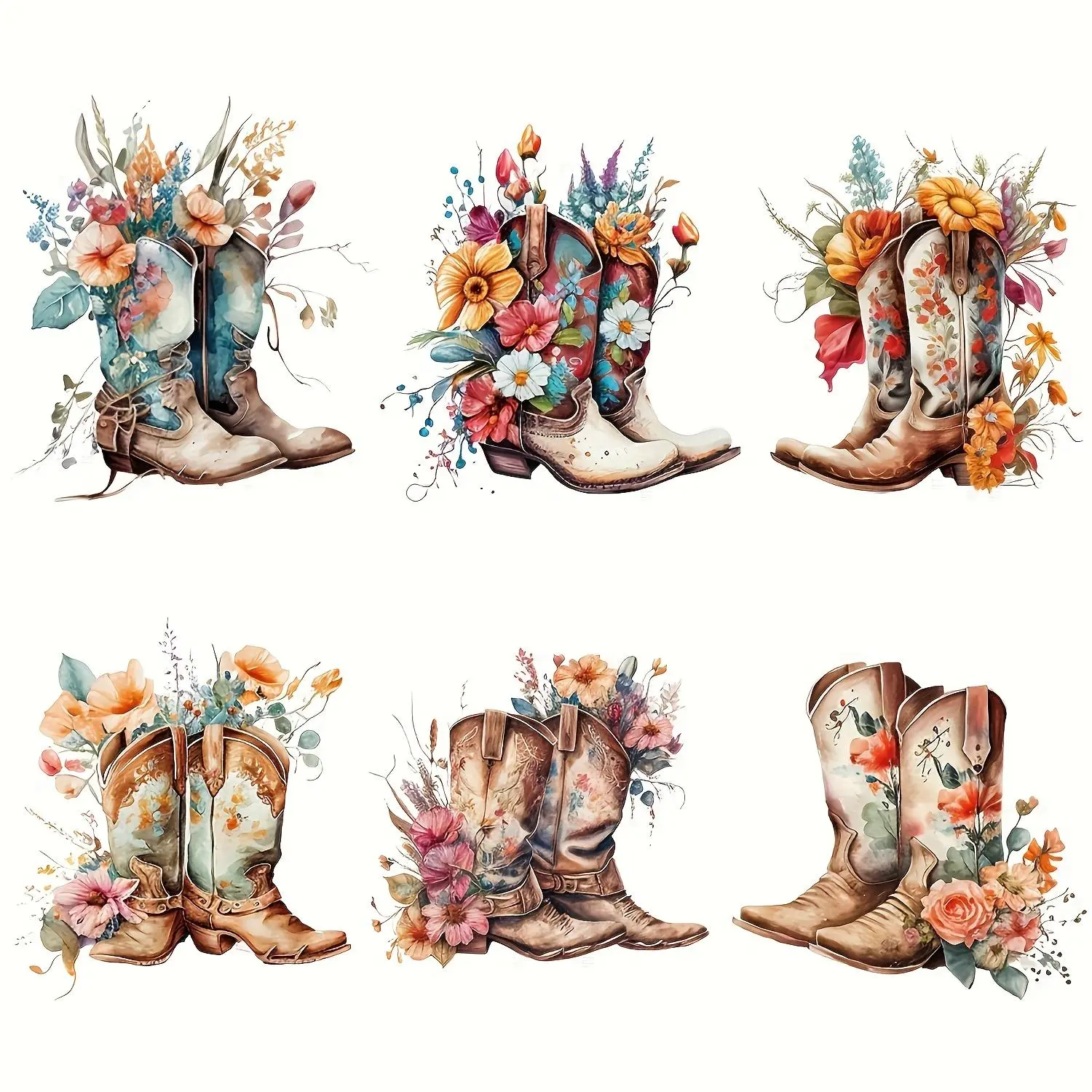 Cowboy Boot & Floral Design Iron-on Patches, 6 Counts/set Vinyl Heat Transfer Sticker, Heat Press Sticker for DIY Clothes Crafts, DIY Material, DIY Products, Craft Supplies