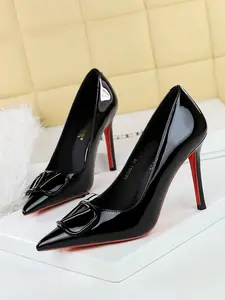 8351-K117 Stylish High Heels for Women, Elegant Pointed Toe in Glossy Patent Leather, V Buckle Detail, Perfect for Parties