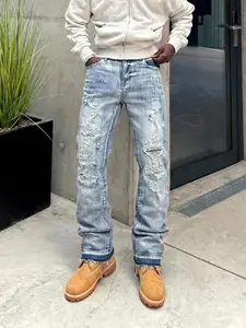 Men's Distressed Denim Jeans, Casual Ripped Denim, Y2K Stackable Pants, Loose-Fitting Button Fly, All Seasons Casual Wear, Patchwork Design