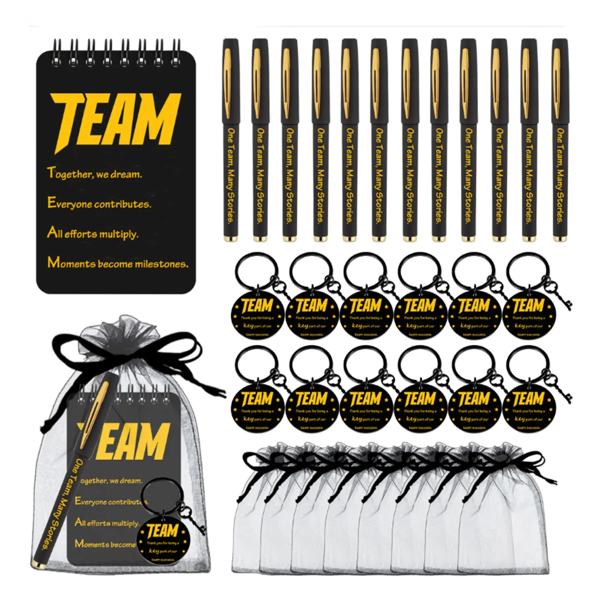 Company Team Thank You Keychains Keyrings For Keys Corporate Gift Set, Employee Appreciation, Team Spirit, 40pcs (10 Sets) Includes Pens, Metal Keychains, Notebooks, Organza Bags, Employee Incentive Gifts