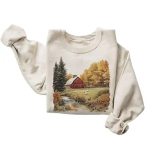 Rustic Farmhouse Fall Sweatshirt with Cozy Autumn Scene, Red Barn and Forest, Country Style Crewneck, Gift for Fall Lovers Unisex