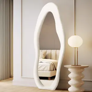 Irregular Full Length Mirror with Ivory Flannel Frame Full Body Mirror Leaning Hanging Wall Mirror for Hanging or Leaning for Bedroom, Cloakroom and Living Room Decor Elegant