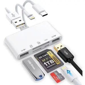 SD Card Reader for /iPad, 5-in-1 Universal Memory Card Reader for SD/TF Card/USB Drive, USB-C/Lightning/USB Connector Compatible with  16/iPad Pro/Galaxy/MacBook/ etc.