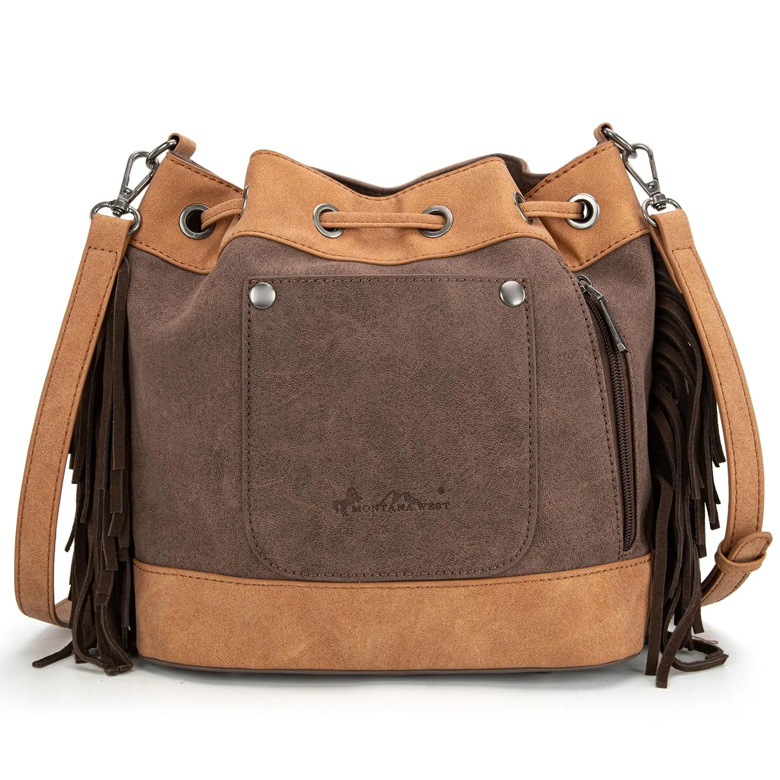 Boho Western Aztec Bucket Bag Fringe Backpack Crossbody Cinched Brown Boho Cowgirl Bucket Bag - STS Ranchwear main image 3