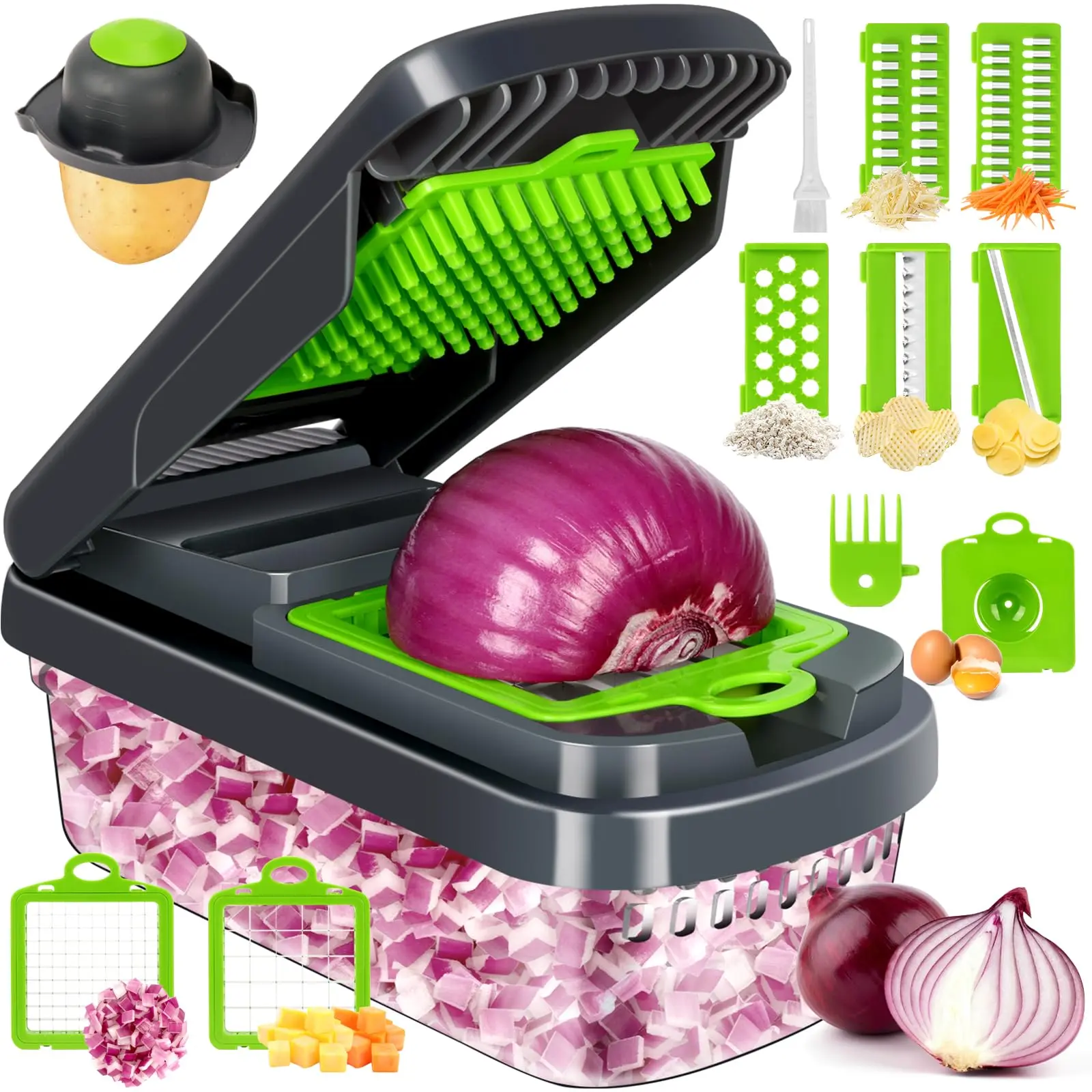 12-in-1 Vegetable Chopper and Food Cutter with Container, 7 Stainless Steel Blades for Dicing, Slicing, Shredding and Grating, Non-Slip Base and Drain Basket for Salads, Onions and Meal Prep