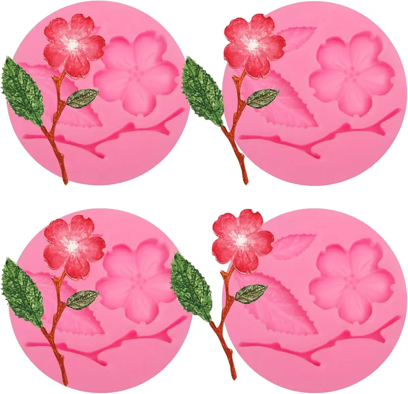 Peach Blossom Shape Molds 4 count,   Leaf Fondant  Molds for Cake Decoration Candy Sugar Cupcake Topper Cake Pop Popsicle Polymer Clay Crafts