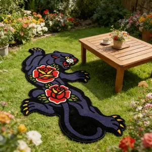 Vintage American Style Irregular Blue Leopard Carpet, Rose Decorative Living Room Bedroom Rug, Washable Easy Clean Plush Mat