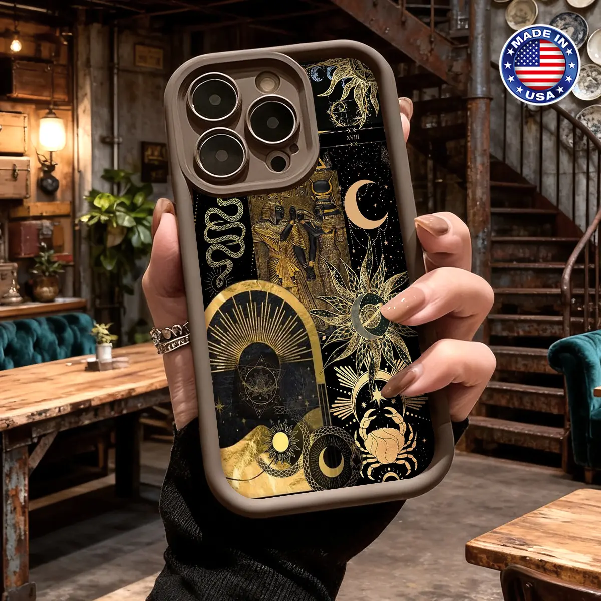 Vintage Egyptian Astrology Celestial Sun Moon Pattern Aesthetic TPU Case for iPhone 17,16,15,14 Pro Max,13,12,11,XR,XS Plus,Air - Slim,Shockproof,Anti-Drop Protective Cover