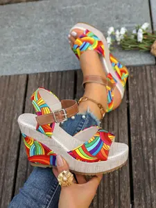 Summer Rainbow Wedge Sandals for Women | Bold Retro Swirl Platform Heels for a Pop of Color