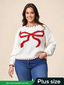 【Plus Size】Bow Print Drop Shoulder Sweater, Casual Long Sleeve Round Neck Jumper for Fall & Winter, Women's Plus Clothing for Daily Wear