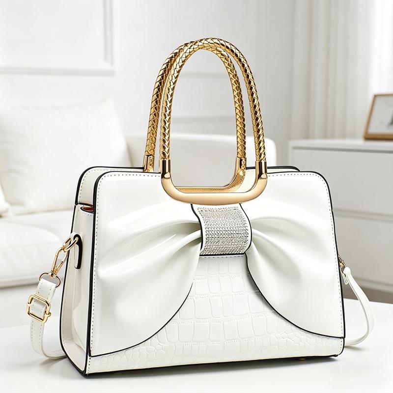 Women’s glossy leather handbag with top handle — medium-structured shoulder/handbag with adjustable strap