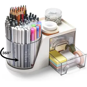 Rotating Desk Organizer with 2 Drawer, Pencil Pen Holder for Desk, Desk Organizers and Accessories with 4 Compartments + Drawer for Office Home Art Supplies (White)