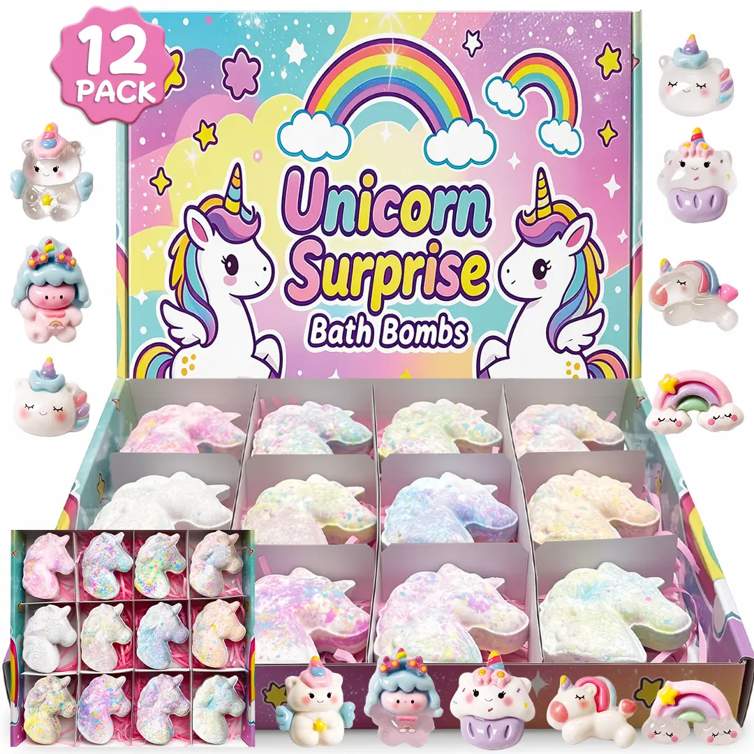 2026 New Magical Unicorn Natural Fizzy Glitter Bath Bombs Gift Set, 12-Pack with Surprise Unicorn Toys, Stress Relief Lovely Novelty Toys for Kids