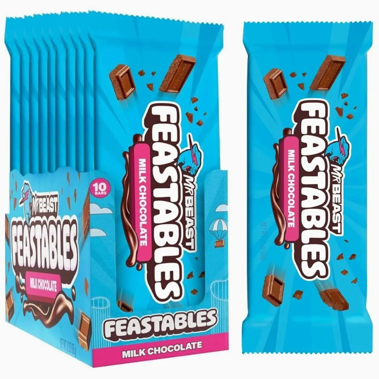 MrBeast Feastables Caramel Chocolate Bar, King Size, 10 Count, Smooth Caramel Filled Chocolate Candy, Fairtrade Cocoa, 2.1oz Each