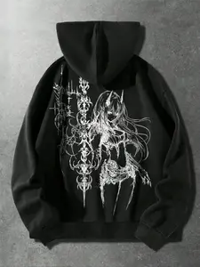 Men's Black Anime Demon Girl Graphic Hoodie Gothic Ornate Pattern Streetwear Pullover | #tiktokshopblackfriday #giftideas Edgy White-Line Print Oversized Casual Hooded Sweatshirt for Daily Wear & Trendy Fashion Gifts