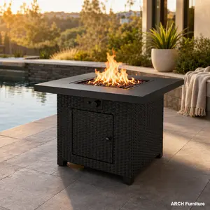 22" Square Heavy Duty Firepit Table, 50000 BTU Outdoor Furniture Set with PE Wicker Base, Wind Shield, Tabletop Fire Pit, Black Stylish Tabletop for Patio, Backyard