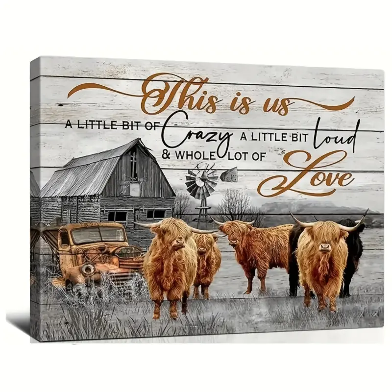 [2D] 1 piece Farm Highland Cow Canvas Decor Painting Wall Art Print, this is our cow-themed farmhouse barn rustic truck art, a holiday gift for her/him (with frame)