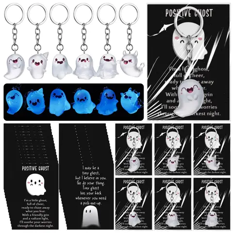 12/20/24 Pack Halloween Glow Ghost Keychains with Positive Cards & Gift Bags,Glow in the Dark Resin Figurine Ghost, Halloween Classroom Treats, Boo Basket Stuffers, Trick or Treat Gifts and Party Favors for Kids, Students, Friends & Coworkers