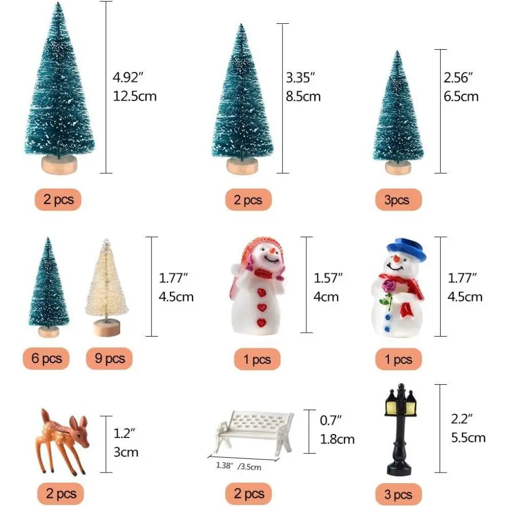 31Pcs Micro Bottle Brush Christmas Trees Set - Ornaments with Snowmen, Reindeer, Wooden Village Accessories, Mounted on Wooden Base, Home Decoration for Indoor Winter Party Displays, Crafting, Chair Effects, Show Windows