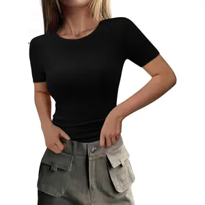 Women Summer Crew Neck Short Sleeve Tops Ribbed Knit Slim Fit Fashion Basic Tee Shirts Casual Going Out Top