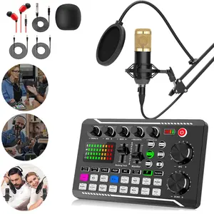 F998 digital DSP mixer with 16 reverb modes, 7 scene modes (original/karaoke/voice changing/electronic/PRO/POP/MC), and 12 special effects sounds, used for on-site mixing, KTV mixing, podcast production, and live mixing